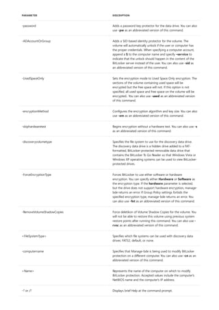 -password Adds a password key protector for the data drive. You can also
use -pw as an abbreviated version of this command.
-ADAccountOrGroup Adds a SID-based identity protector for the volume. The
volume will automatically unlock if the user or computer has
the proper credentials. When specifying a computer account,
append a $ to the computer name and specify –service to
indicate that the unlock should happen in the content of the
BitLocker server instead of the user. You can also use -sid as
an abbreviated version of this command.
-UsedSpaceOnly Sets the encryption mode to Used Space Only encryption. The
sections of the volume containing used space will be
encrypted but the free space will not. If this option is not
specified, all used space and free space on the volume will be
encrypted.. You can also use -used as an abbreviated version
of this command.
-encryptionMethod Configures the encryption algorithm and key size. You can also
use -em as an abbreviated version of this command.
-skiphardwaretest Begins encryption without a hardware test. You can also use -s
as an abbreviated version of this command.
-discoveryvolumetype Specifies the file system to use for the discovery data drive.
The discovery data drive is a hidden drive added to a FAT-
formatted, BitLocker-protected removable data drive that
contains the BitLocker To Go Reader so that Windows Vista or
Windows XP operating systems can be used to view BitLocker-
protected drives.
-ForceEncryptionType Forces BitLocker to use either software or hardware
encryption. You can specify either Hardware or Software as
the encryption type. If the hardware parameter is selected,
but the drive does not support hardware encryption, manage-
bde returns an error. If Group Policy settings forbids the
specified encryption type, manage-bde returns an error. You
can also use -fet as an abbreviated version of this command.
-RemoveVolumeShadowCopies Force deletikon of Volume Shadow Copies for the volume. You
will not be able to restore this volume using previous system
restore points after running this command. You can also use -
rvsc as an abbreviated version of this command.
<FileSystemType> Specifies which file systems can be used with discovery data
drives: FAT32, default, or none.
-computername Specifies that Manage-bde is being used to modify BitLocker
protection on a different computer. You can also use -cn as an
abbreviated version of this command.
<Name> Represents the name of the computer on which to modify
BitLocker protection. Accepted values include the computer's
NetBIOS name and the computer's IP address.
-? or /? Displays brief Help at the command prompt.
PARAMETER DESCRIPTION
 
