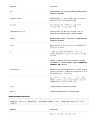 tpm Specifies that any TPM-only key protectors associated with the
drive should be deleted.
tpmandstartupkey Specifies that any TPM and startup key based key protectors
associated with the drive should be deleted.
tpmandpin Specifies that any TPM and PIN based key protectors
associated with the drive should be deleted.
tpmandpinandstartupkey Specifies that any TPM, PIN, and startup key based key
protectors associated with the drive should be deleted.
password Specifies that any password key protectors associated with the
drive should be deleted.
identity Specifies that any identity key protectors associated with the
drive should be deleted.
-id Identifies the key protector to delete by using the key
identifier. This parameter is an alternative option to the -type
parameter.
Identifies an individual key protector on the drive to delete.
Key protector IDs can be displayed by using the manage-bde
-protectors -get command.
-computername Specifies that manage-bde.exe will be used to modify BitLocker
protection on a different computer. You can also use -cn as an
abbreviated version of this command.
Represents the name of the computer on which to modify
BitLocker protection. Accepted values include the computer's
NetBIOS name and the computer's IP address.
-? or /? Displays brief help at the command prompt.
-help or -h Displays complete help at the command prompt.
PARAMETER DESCRIPTION
-disable syntax and parameters
manage-bde protectors disable <Drive> [-RebootCount <integer 0 - 15>] [-computername <Name>] [{-?|/?}] [{-
help|-h}]
PARAMETER DESCRIPTION
Represents a drive letter followed by a colon.
 