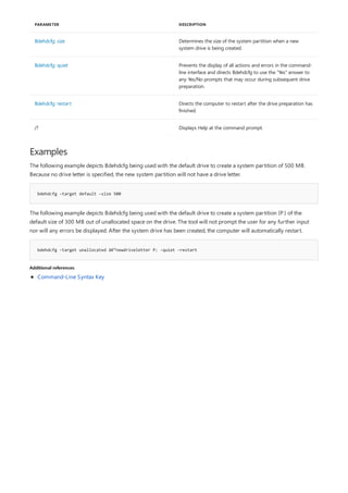 Bdehdcfg: size Determines the size of the system partition when a new
system drive is being created.
Bdehdcfg: quiet Prevents the display of all actions and errors in the command-
line interface and directs Bdehdcfg to use the "Yes" answer to
any Yes/No prompts that may occur during subsequent drive
preparation.
Bdehdcfg: restart Directs the computer to restart after the drive preparation has
finished.
/? Displays Help at the command prompt.
PARAMETER DESCRIPTION
Examples
bdehdcfg -target default -size 500
bdehdcfg -target unallocated â€“newdriveletter P: -quiet -restart
Additional references
The following example depicts Bdehdcfg being used with the default drive to create a system partition of 500 MB.
Because no drive letter is specified, the new system partition will not have a drive letter.
The following example depicts Bdehdcfg being used with the default drive to create a system partition (P:) of the
default size of 300 MB out of unallocated space on the drive. The tool will not prompt the user for any further input
nor will any errors be displayed. After the system drive has been created, the computer will automatically restart.
Command-Line Syntax Key
 