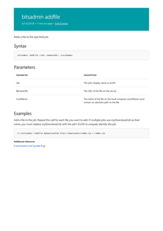bitsadmin addfile
4/13/2018 • 1 min to read • Edit Online
Syntax
bitsadmin /AddFile <Job> <RemoteURL> <LocalName>
Parameters
PARAMETER DESCRIPTION
Job The job's display name or GUID
RemoteURL The URL of the file on the server.
LocalName The name of the file on the local computer. LocalName must
contain an absolute path to the file.
Examples
C:>bitsadmin /addfile myDownloadJob http://downloadsrv/10mb.zip c:10mb.zip
Additional references
Adds a file to the specified job.
Add a file to the job. Repeat this call for each file you want to add. If multiple jobs use myDownloadJob as their
name, you must replace myDownloadJob with the job's GUID to uniquely identify the job.
Command-Line Syntax Key
 