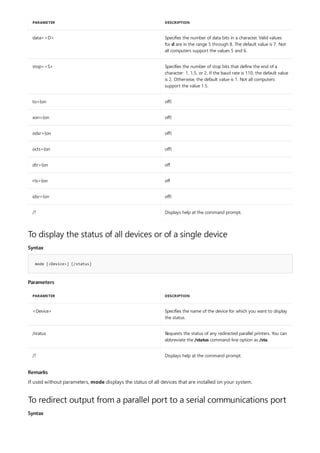 data=<D> Specifies the number of data bits in a character. Valid values
for d are in the range 5 through 8. The default value is 7. Not
all computers support the values 5 and 6.
stop=<S> Specifies the number of stop bits that define the end of a
character: 1, 1.5, or 2. If the baud rate is 110, the default value
is 2. Otherwise, the default value is 1. Not all computers
support the value 1.5.
to={on off}
xon={on off}
odsr={on off}
octs={on off}
dtr={on off
rts={on off
idsr={on off}
/? Displays help at the command prompt.
PARAMETER DESCRIPTION
To display the status of all devices or of a single device
Syntax
mode [<Device>] [/status]
Parameters
PARAMETER DESCRIPTION
<Device> Specifies the name of the device for which you want to display
the status.
/status Requests the status of any redirected parallel printers. You can
abbreviate the /status command-line option as /sta.
/? Displays help at the command prompt.
Remarks
To redirect output from a parallel port to a serial communications port
Syntax
If used without parameters, mode displays the status of all devices that are installed on your system.
 