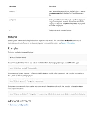 /category starts System Information with the specified category selected.
Use /showcategories to display a list of available category
IDs.
/categories starts System Information with only the specified category or
categories displayed. It also limits the output to the selected
category or categories. Use /showcategories to display a list
of available category IDs.
/? Displays help at the command prompt.
PARAMETER DESCRIPTION
remarks
Examples
msinfo32 /showcategories
msinfo32 /categories +all -loadedmodules
msinfo32 /nfo syssum.nfo /categories +systemsummary
msinfo32 /nfo conflicts.nfo /categories +componentsproblemdevices+resourcesconflicts+resourcesforcedhardware
additional references
Some System Information categories contain large amounts of data. You can use the start /wait command to
optimize reporting performance for these categories. For more information, see System Information.
To list the available category IDs, type:
To start the System Information tool with all available information displayed, except Loaded Modules, type:
To display only System Summary information and create an .nfo file called syssum.nfo that contains information in
the System Summary category, type:
To display resource conflict information and create an .nfo file called conflicts.nfo that contains information about
resource conflicts, type:
Command-Line Syntax Key
 