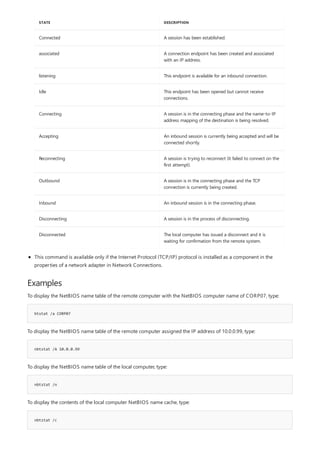 Examples
btstat /a CORP07
nbtstat /A 10.0.0.99
nbtstat /n
nbtstat /c
STATE DESCRIPTION
Connected A session has been established.
associated A connection endpoint has been created and associated
with an IP address.
listening This endpoint is available for an inbound connection.
Idle This endpoint has been opened but cannot receive
connections.
Connecting A session is in the connecting phase and the name-to-IP
address mapping of the destination is being resolved.
Accepting An inbound session is currently being accepted and will be
connected shortly.
Reconnecting A session is trying to reconnect (it failed to connect on the
first attempt).
Outbound A session is in the connecting phase and the TCP
connection is currently being created.
Inbound An inbound session is in the connecting phase.
Disconnecting A session is in the process of disconnecting.
Disconnected The local computer has issued a disconnect and it is
waiting for confirmation from the remote system.
This command is available only if the Internet Protocol (TCP/IP) protocol is installed as a component in the
properties of a network adapter in Network Connections.
To display the NetBIOS name table of the remote computer with the NetBIOS computer name of CORP07, type:
To display the NetBIOS name table of the remote computer assigned the IP address of 10.0.0.99, type:
To display the NetBIOS name table of the local computer, type:
To display the contents of the local computer NetBIOS name cache, type:
 