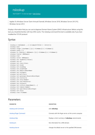 nslookup
10/17/2017 • 5 min to read • Edit Online
Syntax
nslookup [<-SubCommand ...>] [{<computerTofind> | -<Server>}]
nslookup /exit
nslookup /finger [<UserName>] [{[>] <FileName>|[>>] <FileName>}]
nslookup /{help | ?}
nslookup /ls [<Option>] <DNSDomain> [{[>] <FileName>|[>>] <FileName>}]
nslookup /lserver <DNSDomain>
nslookup /root
nslookup /server <DNSDomain>
nslookup /set <KeyWord>[=<Value>]
nslookup /set all
nslookup /set class=<Class>
nslookup /set [no]d2
nslookup /set [no]debug
nslookup /set [no]defname
nslookup /set domain=<DomainName>
nslookup /set [no]ignore
nslookup /set port=<Port>
nslookup /set querytype=<ResourceRecordtype>
nslookup /set [no]recurse
nslookup /set retry=<Number>
nslookup /set root=<RootServer>
nslookup /set [no]search
nslookup /set srchlist=<DomainName>[/...]
nslookup /set timeout=<Number>
nslookup /set type=<ResourceRecordtype>
nslookup /set [no]vc
nslookup /view <FileName>
Parameters
PARAMETER DESCRIPTION
nslookup exit Command exits nslookup.
nslookup finger Command Connects with the finger server on the current computer.
nslookup help Displays a short summary of nslookup subcommands.
nslookup ls lists information for a DNS domain.
nslookup lserver changes the default server to the specified DNS domain.
Applies To: Windows Server (Semi-Annual Channel), Windows Server 2016, Windows Server 2012 R2,
Windows Server 2012
Displays information that you can use to diagnose Domain Name System (DNS) infrastructure. Before using this
tool, you should be familiar with how DNS works. The nslookup command-line tool is available only if you have
installed the TCP/IP protocol.
 