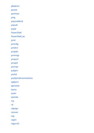 pbadmin
pentnt
perfmon
ping
pnpunattend
pnputil
popd
PowerShell
PowerShell_ise
print
prncnfg
prndrvr
prnjobs
prnmngr
prnport
prnqctl
prompt
pubprn
pushd
pushprinterconnections
qappsrv
qprocess
query
quser
qwinsta
rcp
rd
rdpsign
recover
reg
regini
regsvr32
 