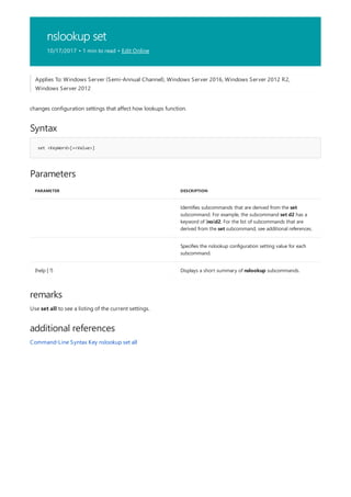 nslookup set
10/17/2017 • 1 min to read • Edit Online
Syntax
set <KeyWord>[=<Value>]
Parameters
PARAMETER DESCRIPTION
Identifies subcommands that are derived from the set
subcommand. For example, the subcommand set d2 has a
keyword of [no]d2. For the list of subcommands that are
derived from the set subcommand, see additional references.
Specifies the nslookup configuration setting value for each
subcommand.
{help | ?} Displays a short summary of nslookup subcommands.
remarks
additional references
Applies To: Windows Server (Semi-Annual Channel), Windows Server 2016, Windows Server 2012 R2,
Windows Server 2012
changes configuration settings that affect how lookups function.
Use set all to see a listing of the current settings.
Command-Line Syntax Key nslookup set all
 