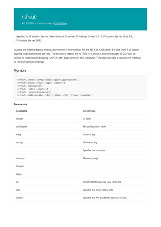 ntfrsutl
4/13/2018 • 1 min to read • Edit Online
Syntax
ntfrsutl[idtable|configtable|inlog|outlog][<computer>]
ntfrsutl[memory|threads|stage][<computer>]
ntfrsutl ds[<computer>]
ntfrsutl [sets][<computer>]
ntfrsutl [version][<computer>]
ntfrsutl poll[/quickly[=[<N>]]][/slowly[=[<N>]]][/now][<computer>]
Parameters
PARAMETER DESCRIPTION
idtable ID table
configtable FRS configuration table
inlog Inbound log
outlog Outbound log
Specifies the computer.
memory Memory usage
threads
stage
ds lists the NTFRS service's view of the DS.
sets Specifies the active replica sets
version Specifies the API and NTFRS service versions.
Applies To: Windows Server (Semi-Annual Channel), Windows Server 2016, Windows Server 2012 R2,
Windows Server 2012
Dumps the internal tables, thread, and memory information for the NT File Replication Service (NTFRS). It runs
against local and remote servers. The recovery setting for NTFRS in Service Control Manager (SCM) can be
critical to locating and keeping IMPORTANT log events on the computer. This tool provides a convenient method
of reviewing those settings.
 