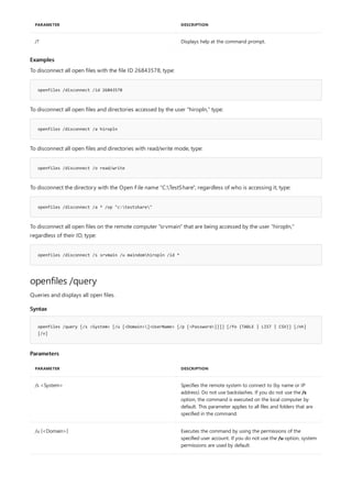 /? Displays help at the command prompt.
PARAMETER DESCRIPTION
Examples
openfiles /disconnect /id 26843578
openfiles /disconnect /a hiropln
openfiles /disconnect /o read/write
openfiles /disconnect /a * /op "c:testshare"
openfiles /disconnect /s srvmain /u maindomhiropln /id *
openfiles /query
Syntax
openfiles /query [/s <System> [/u [<Domain>]<UserName> [/p [<Password>]]]] [/fo {TABLE | LIST | CSV}] [/nh]
[/v]
Parameters
PARAMETER DESCRIPTION
/s <System> Specifies the remote system to connect to (by name or IP
address). Do not use backslashes. If you do not use the /s
option, the command is executed on the local computer by
default. This parameter applies to all files and folders that are
specified in the command.
/u [<Domain>] Executes the command by using the permissions of the
specified user account. If you do not use the /u option, system
permissions are used by default.
To disconnect all open files with the file ID 26843578, type:
To disconnect all open files and directories accessed by the user "hiropln," type:
To disconnect all open files and directories with read/write mode, type:
To disconnect the directory with the Open File name "C:TestShare", regardless of who is accessing it, type:
To disconnect all open files on the remote computer "srvmain" that are being accessed by the user "hiropln,"
regardless of their ID, type:
Queries and displays all open files.
 