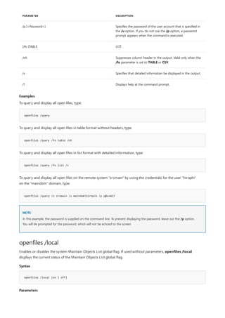 /p [<Password>] Specifies the password of the user account that is specified in
the /u option. If you do not use the /p option, a password
prompt appears when the command is executed.
[/fo {TABLE LIST
/nh Suppresses column header in the output. Valid only when the
/fo parameter is set to TABLE or CSV.
/v Specifies that detailed information be displayed in the output.
/? Displays help at the command prompt.
PARAMETER DESCRIPTION
Examples
openfiles /query
openfiles /query /fo table /nh
openfiles /query /fo list /v
openfiles /query /s srvmain /u maindomhiropln /p p@ssW23
NOTE
openfiles /local
Syntax
openfiles /local [on | off]
Parameters
To query and display all open files, type:
To query and display all open files in table format without headers, type:
To query and display all open files in list format with detailed information, type:
To query and display all open files on the remote system "srvmain" by using the credentials for the user "hiropln"
on the "maindom" domain, type:
In this example, the password is supplied on the command line. To prevent displaying the password, leave out the /p option.
You will be prompted for the password, which will not be echoed to the screen.
Enables or disables the system Maintain Objects List global flag. If used without parameters, openfiles /local
displays the current status of the Maintain Objects List global flag.
 