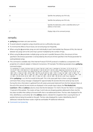 /4 Specifies that pathping uses IPv4 only.
/6 Specifies that pathping uses IPv6 only.
Specifies the destination, which is identified either by IP
address or host name.
/? Displays help at the command prompt.
PARAMETER DESCRIPTION
remarks
pathping parameters are case-sensitive.
To avoid network congestion, pings should be sent at a sufficiently slow pace.
To minimize the effects of burst losses, do not send pings too frequently.
When using the /p parameter, pings are sent individually to each intermediate hop. Because of this, the interval
between two pings sent to the same hop is period multiplied by the number of hops.
When using the /w parameter, multiple pings can be sent in parallel. Because of this, the amount of time
specified in the timeout parameter is not bounded by the amount of time specified in the Period parameter for
waiting between pings.
This command is available only if the Internet Protocol (TCP/IP) protocol is installed as a component in the
properties of a network adapter in Network Connections. ## Examples The following example shows pathping
command output:
D:>pathping /n corp1 Tracing route to corp1 [10.54.1.196] over a maximum of 30 hops: 0 172.16.87.35 1
172.16.87.218 2 192.168.52.1 3 192.168.80.1 4 10.54.247.14 5 10.54.1.196 computing statistics for 125
seconds... Source to Here This Node/Link Hop RTT Lost/Sent = Pct Lost/Sent = Pct address 0 172.16.87.35 0/
100 = 0% | 1 41ms 0/ 100 = 0% 0/ 100 = 0% 172.16.87.218 13/ 100 = 13% | 2 22ms 16/ 100 = 16% 3/ 100 = 3%
192.168.52.1 0/ 100 = 0% | 3 24ms 13/ 100 = 13% 0/ 100 = 0% 192.168.80.1 0/ 100 = 0% | 4 21ms 14/ 100 = 14%
1/ 100 = 1% 10.54.247.14 0/ 100 = 0% | 5 24ms 13/ 100 = 13% 0/ 100 = 0% 10.54.1.196 Trace complete.
When pathping is run, the first results list the path. This is the same path that is shown using the tracert
command. Next, a busy message is displayed for approximately 90 seconds (the time varies by hop count).
During this time, information is gathered from all routers previously listed and from the links between them. at
the end of this period, the test results are displayed. In the sample report above, the This Node/Link,
Lost/Sent = Pct and address columns show that the link between 172.16.87.218 and 192.168.52.1 is dropping
13 percent of the packets. The routers at hops 2 and 4 also are dropping packets addressed to them, but this
loss does not affect their ability to forward traffic that is not addressed to them. The loss rates displayed for the
links, identified as a vertical bar (|) in the address column, indicate link congestion that is causing the loss of
packets that are being forwarded on the path. The loss rates displayed for routers (identified by their IP
addresses) indicate that these routers might be overloaded. ## additional references
Command-Line Syntax Key
 
