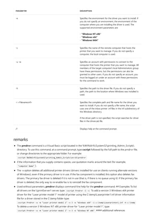 -e Specifies the environment for the driver you want to install. If
you do not specify an environment, the environment of the
computer where you are installing the driver is used. The
supported environment parameters are:
- "Windows NT x86"
- "Windows x64"
- "Windows IA64"
-s Specifies the name of the remote computer that hosts the
printer that you want to manage. If you do not specify a
computer, the local computer is used.
-u -w Specifies an account with permissions to connect to the
computer that hosts the printer that you want to manage. All
members of the target computer's local Administrators group
have these permissions, but the permissions can also be
granted to other users. If you do not specify an account, you
must be logged on under an account with these permissions
for the command to work.
-h Specifies the path to the driver file. If you do not specify a
path, the path to the location where Windows was installed is
used.
-i <Filename.inf> Specifies the complete path and file name for the driver you
want to install. If you do not specify a file name, the script
uses one of the inbox printer .inf files in the inf subdirectory of
the Windows directory.
if the driver path is not specified, the script searches for driver
files in the driver.cab file.
/? Displays help at the command prompt.
PARAMETER DESCRIPTION
remarks
The prndrvr command is a Visual Basic script located in the %WINdir%System32printing_Admin_Scripts
directory. To use this command, at a command prompt, type cscript followed by the full path to the prndrvr file,
or change directories to the appropriate folder. For example:
cscript %WINdir%System32printing_Admin_Scriptsen-USprndrvr
if the information that you supply contains spaces, use quotation marks around the text (for example,
"computer Name" ).
The -x option deletes all additional printer drivers (drivers installed for use on clients running alternate versions
of Windows), even if the primary driver is in use. If the fax component is installed, this option also deletes fax
drivers. The primary fax driver is deleted if it is not in use (that is, if there is no queue using it). If the primary fax
driver is deleted, the only way to re-enable fax is to reinstall the fax component.
Used without parameters, prndrvr displays command-line help for the prndrvr command. ## Examples To list
all drivers on the printServer1 server, type: cscript Prndrvr -l -s To add a version 3 Windows x64 printer
driver for the "Laser printer model 1" model of printer using the C:tempLaserprinter1.inf driver information
file for a driver stored in the C:temp folder type:
cscript Prndrvr -a -m "Laser printer model 1" -v 3 -e "Windows x64" -i c:tempLaserprinter1.inf -h c:temp
To delete a version 3 Windows NT x86 printer driver for "Laser printer model 1", type:
cscript Prndrvr -a -m "Laser printer model 1" -v 3 -e "Windows NT x86" #### additional references
 