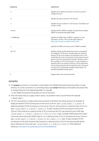 -h Specifies (by IP address) the printer for which you want to
configure the port.
-q Specifies the queue name for a TCP raw port.
-n Specifies the port number for a TCP raw port. The default port
number is 9100.
-m{e | d} Specifies whether SNMP is enabled. The parameter e enables
SNMP. The parameter d disables SNMP.
-i <SNMPIndex Specifies the SNMP index, if SNMP is enabled. For more
information, see Rfc 1759 at the Rfc editor Web site
(https://go.microsoft.com/fwlink/?LinkId=569).
-y Specifies the SNMP community name, if SNMP is enabled.
-2{e | -d} Specifies whether double spools (also known as respooling)
are enabled for TCP lpr ports. Double spools are necessary
because TCP lpr must include an accurate byte count in the
control file that is sent to the printer, but the protocol cannot
get the count from the local print provider. Therefore, when a
file is spooled to a TCP lpr print queue, it is also spooled as a
temporary file in the system32 directory. TCP lpr determines
the size of the temporary file and sends the size to the server
running LPD. The parameter e enables double spools. The
parameter d disables double spools.
/? Displays help at the command prompt.
PARAMETER DESCRIPTION
remarks
The prnport command is a Visual Basic script located in the %WINdir%System32printing_Admin_Scripts
directory. To use this command, at a command prompt, type cscript followed by the full path to the prnport file,
or change directories to the appropriate folder. For example:
cscript %WINdir%System32printing_Admin_Scriptsen-USprnport
if the information that you supply contains spaces, use quotation marks around the text (for example,
"computer Name" ).
The TCP raw protocol is a higher performance protocol on Windows than the lpr protocol. ## Examples To
display all standard TCP/IP printing ports on the server Server1, type: cscript prnport -l -s Server1 To
delete the standard TCP/IP printing port on the server Server1 that connects to a network printer at 10.2.3.4,
type: cscript prnport -d -s Server1 -r IP_10.2.3.4 To add a standard TCP/IP printing port on the server
Server1 that connects to a network printer at 10.2.3.4 and uses the TCP raw protocol on port 9100, type:
cscript prnport -a -s Server1 -r IP_10.2.3.4 -h 10.2.3.4 -o raw -n 9100 To enable SNMP, specify the "public"
community name and set the SNMP index to 1 on a network printer at 10.2.3.4 shared by the server Server1,
type: cscript prnport -t -s Server1 -r IP_10.2.3.4 -me -y public -i 1 -n 9100 To add a standard TCP/IP
printing port on the local computer that connects to a network printer at 10.2.3.4 and automatically get the
device settings from the printer, type: cscript prnport -a -r IP_10.2.3.4 -h 10.2.3.4 #### additional
references Command-Line Syntax Key print Command Reference
 