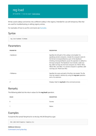 reg load
4/13/2018 • 1 min to read • Edit Online
Syntax
reg load KeyName FileName
Parameters
PARAMETER DESCRIPTION
<KeyName> Specifies the full path of the subkey to be loaded. For
specifying remote computers, include the computer name (in
the format ComputerName) as part of the KeyName.
Omitting ComputerName causes the operation to default to
the local computer. The KeyName must include a valid root
key. Valid root keys for the local computer are: HKLM, HKCU,
HKCR, HKU, and HKCC. If a remote computer is specified, valid
root keys are: HKLM and HKU.
<FileName> Specifies the name and path of the file to be loaded. This file
must be created in advance by using the reg save operation
and a .hiv extension.
/? Displays help for reg load at the command prompt.
Remarks
VALUE DESCRIPTION
0 Success
1 Failure
Examples
REG LOAD HKLMTempHive TempHive.hiv
Additional references
Writes saved subkeys and entries into a different subkey in the registry. Intended for use with temporary files that
are used for troubleshooting or editing registry entries.
For examples of how to use this command, see Examples.
The following table lists the return values for the reg load operation.
To load the file named TempHive.hiv to the key HKLMTempHive, type:
Command-Line Syntax Key
 