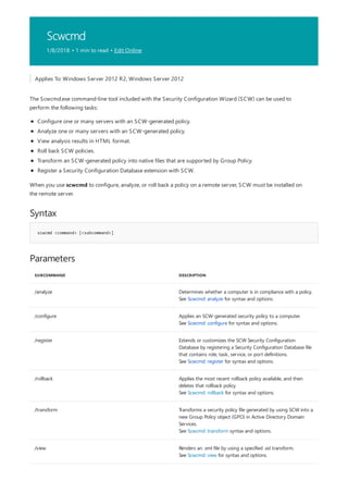 Scwcmd
1/8/2018 • 1 min to read • Edit Online
Syntax
scwcmd <command> [<subcommand>]
Parameters
SUBCOMMAND DESCRIPTION
/analyze Determines whether a computer is in compliance with a policy.
See Scwcmd: analyze for syntax and options.
/configure Applies an SCW-generated security policy to a computer.
See Scwcmd: configure for syntax and options.
/register Extends or customizes the SCW Security Configuration
Database by registering a Security Configuration Database file
that contains role, task, service, or port definitions.
See Scwcmd: register for syntax and options.
/rollback Applies the most recent rollback policy available, and then
deletes that rollback policy.
See Scwcmd: rollback for syntax and options.
/transform Transforms a security policy file generated by using SCW into a
new Group Policy object (GPO) in Active Directory Domain
Services.
See Scwcmd: transform syntax and options.
/view Renders an .xml file by using a specified .xsl transform.
See Scwcmd: view for syntax and options.
Applies To: Windows Server 2012 R2, Windows Server 2012
The Scwcmd.exe command-line tool included with the Security Configuration Wizard (SCW) can be used to
perform the following tasks:
Configure one or many servers with an SCW-generated policy.
Analyze one or many servers with an SCW-generated policy.
View analysis results in HTML format.
Roll back SCW policies.
Transform an SCW-generated policy into native files that are supported by Group Policy.
Register a Security Configuration Database extension with SCW.
When you use scwcmd to configure, analyze, or roll back a policy on a remote server, SCW must be installed on
the remote server.
 