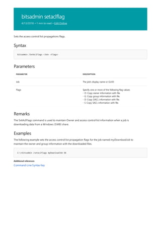 bitsadmin setaclflag
4/13/2018 • 1 min to read • Edit Online
Syntax
bitsadmin /SetAclFlags <Job> <Flags>
Parameters
PARAMETER DESCRIPTION
Job The job's display name or GUID
Flags Specify one or more of the following flag values:
- O: Copy owner information with file.
- G: Copy group information with file.
- D: Copy DACL information with file.
- S :Copy SACL information with file.
Remarks
Examples
C:>bitsadmin /setaclflags myDownloadJob OG
Additional references
Sets the access control list propagations flags.
The SetAclFlags command is used to maintain Owner and access control list information when a job is
downloading data from a Windows (SMB) share.
The following example sets the access control list propagation flags for the job named myDownloadJob to
maintain the owner and group information with the downloaded files.
Command-Line Syntax Key
 