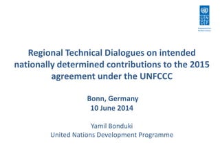 Regional Technical Dialogues on intended
nationally determined contributions to the 2015
agreement under the UNFCCC
Bonn, Germany
10 June 2014
Yamil Bonduki
United Nations Development Programme
 