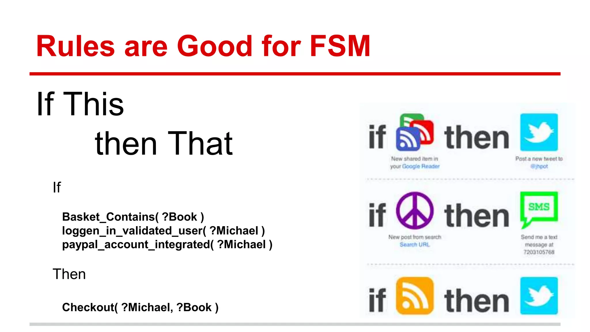 Rules are Good for FSM If This then That If Basket_Contains( ?Book ) loggen_in_validated_user( ?Michael ) paypal_account_integrated( ?Michael ) Then Checkout( ?Michael, ?Book ) 