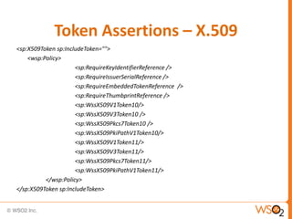Token Assertions – X.509
<sp:X509Token sp:IncludeToken="">
<wsp:Policy>
<sp:RequireKeyIdentifierReference />
<sp:RequireIssuerSerialReference />
<sp:RequireEmbeddedTokenReference />
<sp:RequireThumbprintReference />
<sp:WssX509V1Token10/>
<sp:WssX509V3Token10 />
<sp:WssX509Pkcs7Token10 />
<sp:WssX509PkiPathV1Token10/>
<sp:WssX509V1Token11/>
<sp:WssX509V3Token11/>
<sp:WssX509Pkcs7Token11/>
<sp:WssX509PkiPathV1Token11/>
</wsp:Policy>
</sp:X509Token sp:IncludeToken>

 