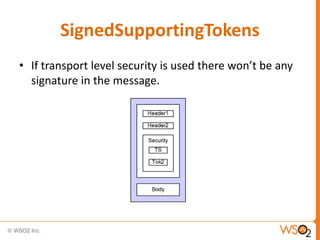 SignedSupportingTokens
• If transport level security is used there won’t be any
signature in the message.

 