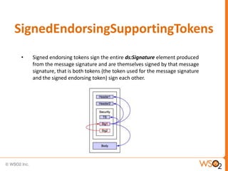 SignedEndorsingSupportingTokens
•

Signed endorsing tokens sign the entire ds:Signature element produced
from the message signature and are themselves signed by that message
signature, that is both tokens (the token used for the message signature
and the signed endorsing token) sign each other.

 