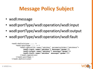 Message Policy Subject
•
•
•
•

wsdl:message
wsdl:portType/wsdl:operation/wsdl:input
wsdl:portType/wsdl:operation/wsdl:output
wsdl:portType/wsdl:operation/wsdl:fault

 