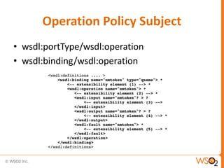 Operation Policy Subject
• wsdl:portType/wsdl:operation
• wsdl:binding/wsdl:operation

 