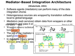 Mediator-Based Integration Architecture  (Wiederhold, 1992)   Software agents (mediators) can perform many of the data integration chores Heterogeneous sources are  wrapped  by translation software local to global language Mediators (web services)  obtain data from wrappers or other mediators and pass it on … Wrappers remove technical, while mediators resolve the logical heterogeneity The job of the mediator is to provide an answer to a user query  ( Ullman , 1997 ) In database theory sense, a  mediator  is a  view  of the data found in one or more sources  Wrapper Wrapper Service Service User Query View Busse et. al, 1999 
