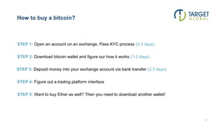 How to buy a bitcoin?
17
STEP 1: Open an account on an exchange. Pass KYC process (2-3 days)
STEP 2: Download bitcoin wallet and figure our how it works (1-2 days)
STEP 3: Deposit money into your exchange account via bank transfer (2-3 days)
STEP 4: Figure out a trading platform interface
STEP 5: Want to buy Ether as well? Then you need to download another wallet!
 