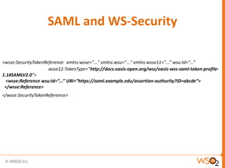 SAML and WS-Security
<wsse:SecurityTokenReference xmlns:wsse="..." xmlns:wsu="..." xmlns:wsse11="...” wsu:Id=”...”
wsse11:TokenType=”http://docs.oasis-open.org/wss/oasis-wss-saml-token-profile1.1#SAMLV2.0”>
<wsse:Reference wsu:Id=”...” URI=”https://saml.example.edu/assertion-authority?ID=abcde”>
</wsse:Reference>
</wsse:SecurityTokenReference>

 