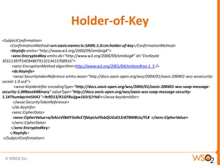 Holder-of-Key
<SubjectConfirmation>
<ConfirmationMethod>urn:oasis:names:tc:SAML:1.0:cm:holder-of-key</ConfirmationMethod>
<KeyInfo xmlns="http://www.w3.org/2000/09/xmldsig#">
<xenc:EncryptedKey xmlns:ds="http://www.w3.org/2000/09/xmldsig#" id="EncKeyId3C611397F54EB4BEF913213415708916">
<xenc:EncryptionMethod algorithm=http://www.w3.org/2001/04/xmlenc#rsa-1_5 />
<ds:KeyInfo>
<wsse:SecuritytokenReference xmlns:wsse="http://docs.oasis-open.org/wss/2004/01/oasis-200401-wss-wssecuritysecext-1.0.xsd">
<wsse:KeyIdentifier encodingType="http://docs.oasis-open.org/wss/2004/01/oasis-200401-wss-soap-messagesecurity-1.0#Base64Binary" valueType="http://docs.oasis-open.org/wss/oasis-wss-soap-message-security1.1#ThumbprintSHA1">Ye9D13/K1GFRvJjgw1kSr5/rYxE=</wsse:keyidentifier>
</wsse:SecurityTokenReference>
</ds:KeyInfo>
<xenc:CipherData>
<xenc:CipherValue>a/kALeV0b0Y3oNcE7fdepUuF0sbQUGs012r87BMBUx/FL8 </xenc:CipherValue>
</xenc:CipherData>
</xenc:EncryptedKey>
</KeyInfo>
</SubjectConfirmation>

 