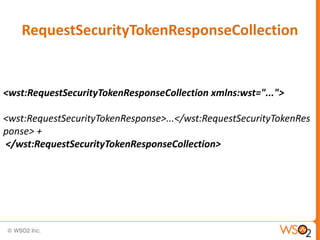 RequestSecurityTokenResponseCollection

<wst:RequestSecurityTokenResponseCollection xmlns:wst="...">
<wst:RequestSecurityTokenResponse>...</wst:RequestSecurityTokenRes
ponse> +
</wst:RequestSecurityTokenResponseCollection>

 