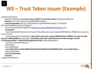 6

WS – Trust Token Issuer (Example)
<SubjectConfirmation>
<ConfirmationMethod>urn:oasis:names:tc:SAML:1.0:cm:holder-of-key</ConfirmationMethod>
<KeyInfo xmlns="http://www.w3.org/2000/09/xmldsig#">
<xenc:EncryptedKey xmlns:ds="http://www.w3.org/2000/09/xmldsig#" id="EncKeyId3C611397F54EB4BEF913213415708916">
<xenc:EncryptionMethod algorithm=http://www.w3.org/2001/04/xmlenc#rsa-1_5 />
<ds:KeyInfo>
<wsse:SecuritytokenReference xmlns:wsse="http://docs.oasis-open.org/wss/2004/01/oasis-200401-wss-wssecuritysecext-1.0.xsd">
<wsse:KeyIdentifier encodingType="http://docs.oasis-open.org/wss/2004/01/oasis-200401-wss-soap-messagesecurity-1.0#Base64Binary" valueType="http://docs.oasis-open.org/wss/oasis-wss-soap-message-security1.1#ThumbprintSHA1">Ye9D13/K1GFRvJjgw1kSr5/rYxE=</wsse:keyidentifier>
</wsse:SecurityTokenReference>
</ds:KeyInfo>
<xenc:CipherData>
<xenc:CipherValue>a/kALeV0b0Y3oNcE7fdepUuF0sbQUGs012r87BMBUx/FL8 </xenc:CipherValue>
</xenc:CipherData>
</xenc:EncryptedKey>
</KeyInfo>
</SubjectConfirmation>

 