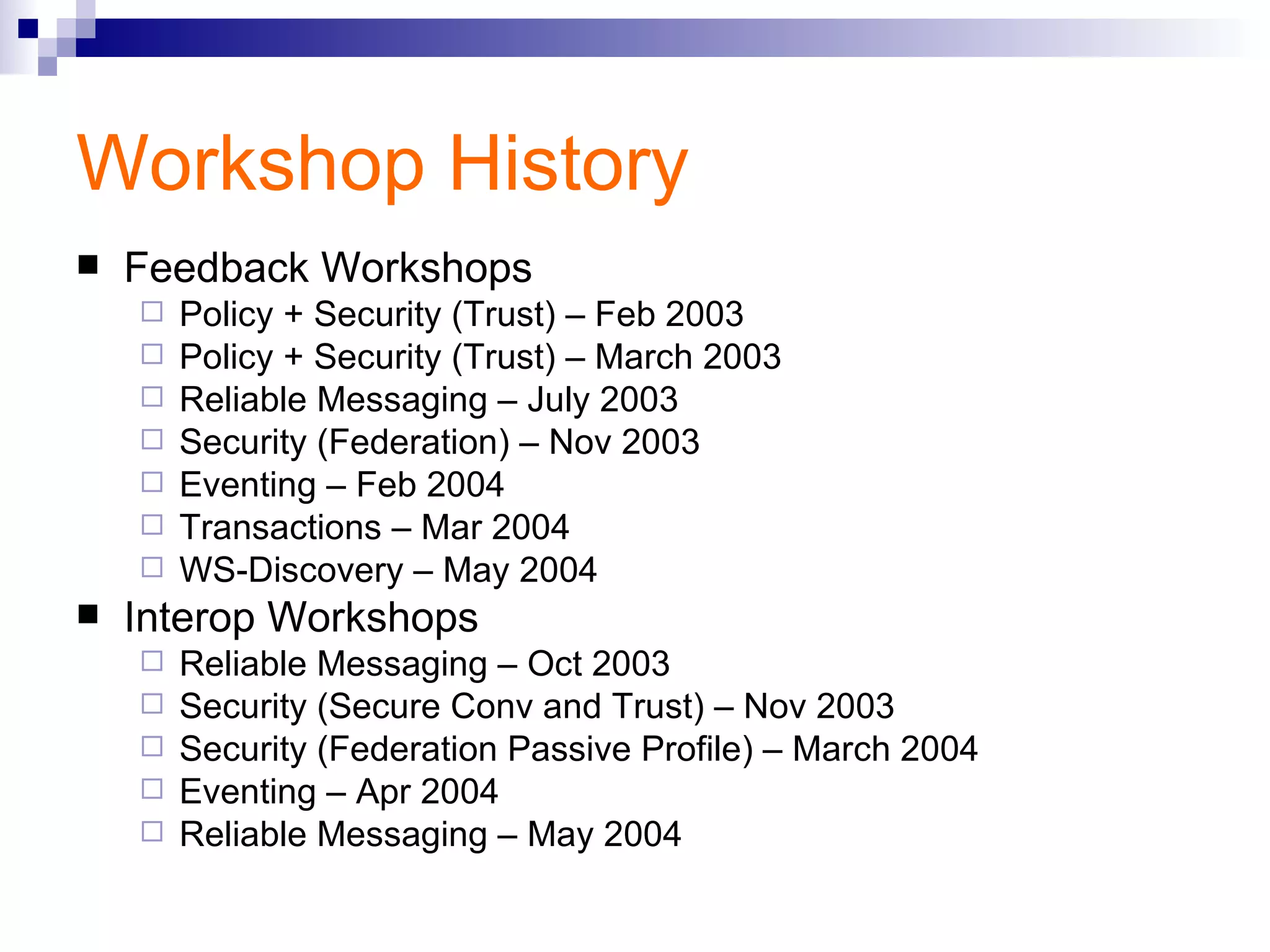 Workshop History Feedback Workshops Policy + Security (Trust) – Feb 2003 Policy + Security (Trust) – March 2003 Reliable Messaging – July 2003 Security (Federation) – Nov 2003 Eventing – Feb 2004 Transactions – Mar 2004 WS-Discovery – May 2004 Interop Workshops Reliable Messaging – Oct 2003 Security (Secure Conv and Trust) – Nov 2003 Security (Federation Passive Profile) – March 2004 Eventing – Apr 2004 Reliable Messaging – May 2004 