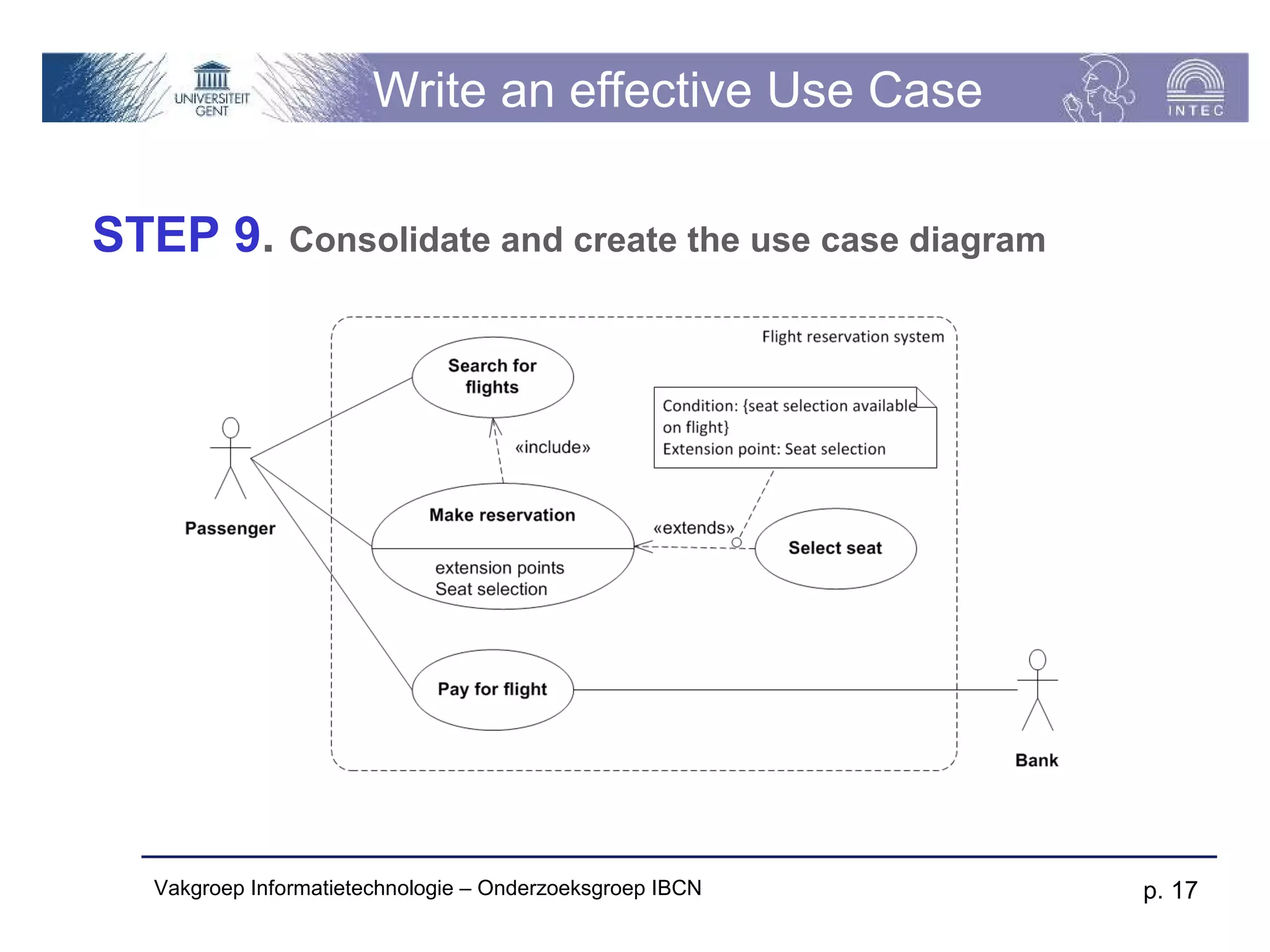 Write an effective Use Case

STEP 9. Consolidate and create the use case diagram




   Vakgroep Informatietechnologie – Onderzoeksgroep IBCN   p. 17
 
