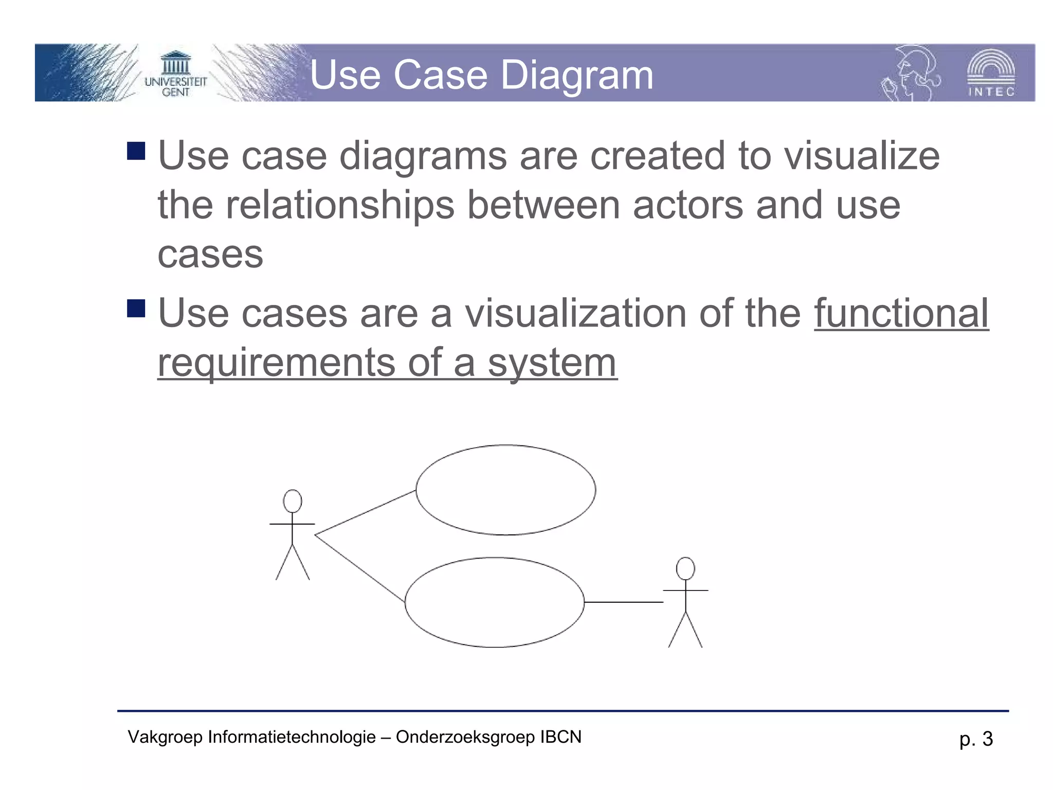 Use Case Diagram
 Use  case diagrams are created to visualize
  the relationships between actors and use
  cases
 Use cases are a visualization of the functional
  requirements of a system




Vakgroep Informatietechnologie – Onderzoeksgroep IBCN   p. 3
 