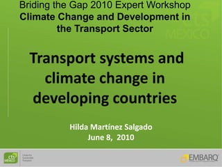 Briding the Gap 2010 Expert Workshop
Climate Change and Development in
         the Transport Sector


  Transport systems and
    climate change in
  developing countries
          Hilda Martínez Salgado
               June 8, 2010
 