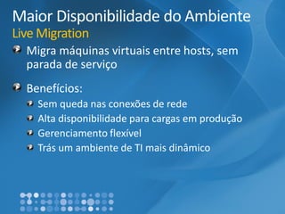 Maior Disponibilidade do AmbienteLiveMigrationMigra máquinas virtuais entre hosts, sem parada de serviçoBenefícios: Sem queda nas conexões de redeAlta disponibilidade para cargas em produçãoGerenciamento flexívelTrás um ambiente de TI mais dinâmico  