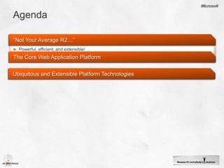 Agenda“Not Your Average R2…”Powerful, efficient, and extensible!   The Core Web Application PlatformUbiquitous and Extensible Platform Technologies