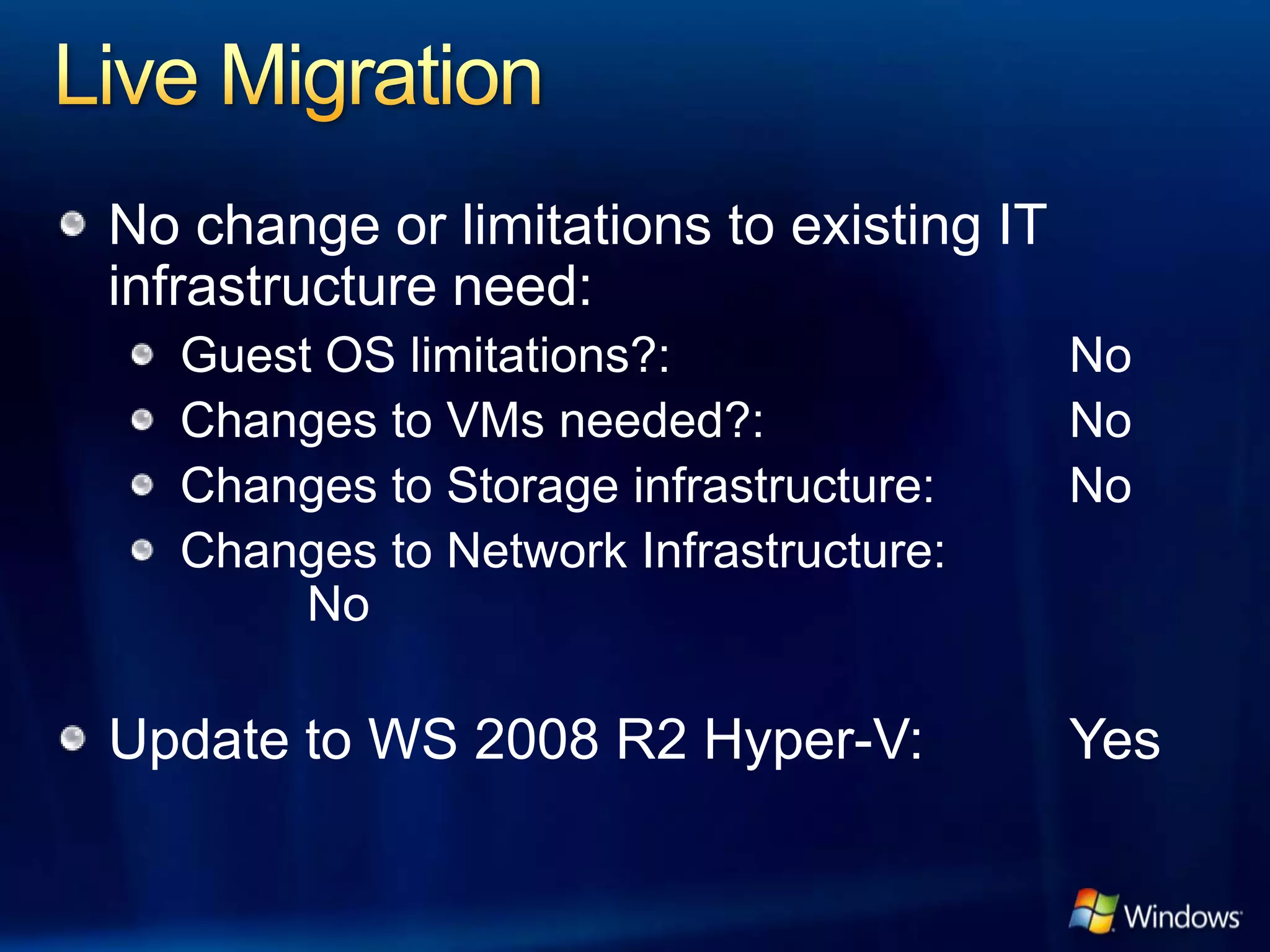 No change or limitations to existing IT
infrastructure need:
  Guest OS limitations?:                  No
  Changes to VMs needed?:                 No
  Changes to Storage infrastructure:      No
  Changes to Network Infrastructure:
       No

Update to WS 2008 R2 Hyper-V:             Yes
 