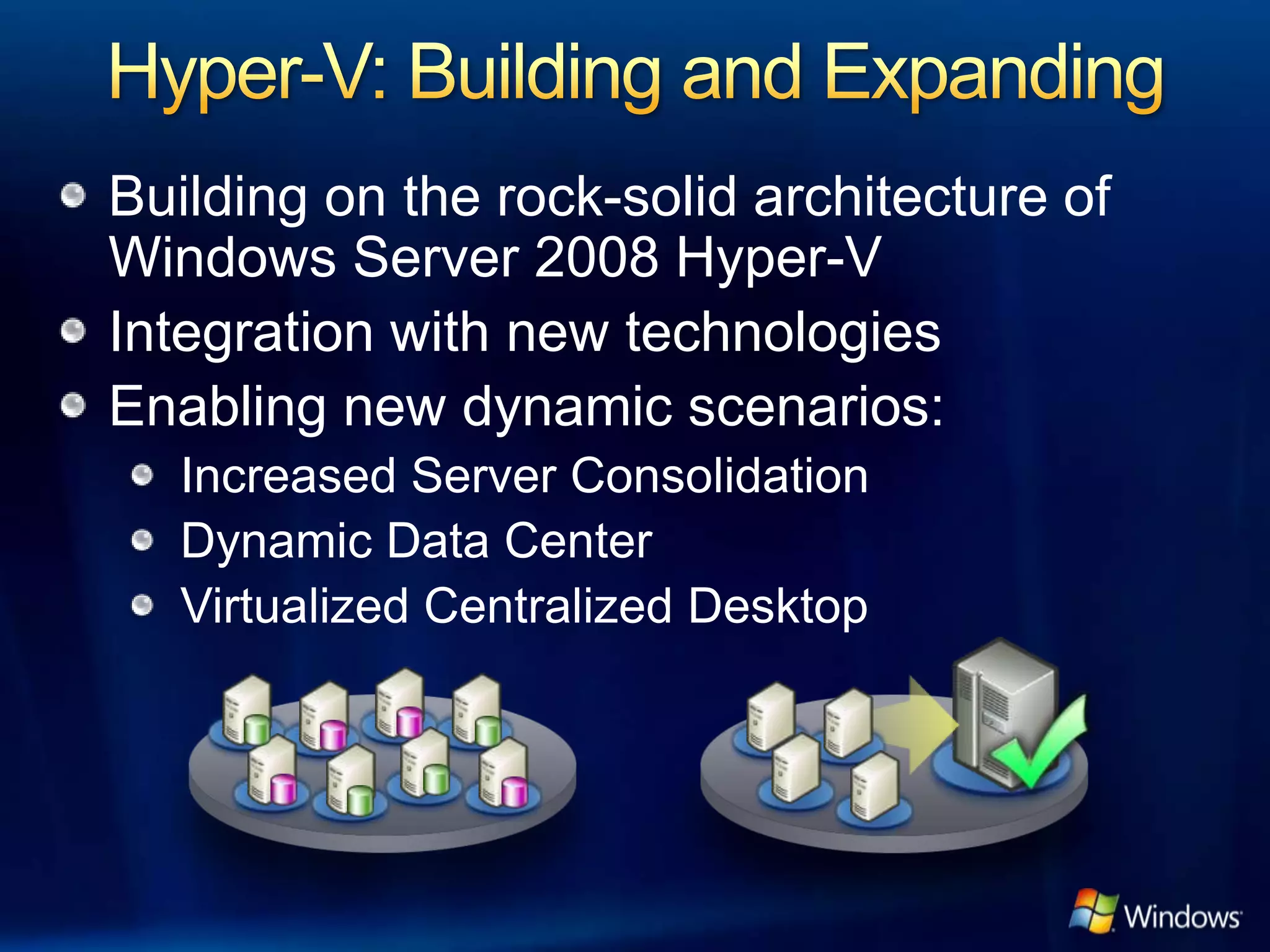 Building on the rock-solid architecture of
Windows Server 2008 Hyper-V
Integration with new technologies
Enabling new dynamic scenarios:
   Increased Server Consolidation
   Dynamic Data Center
   Virtualized Centralized Desktop
 