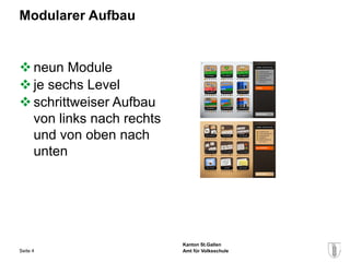 Modularer Aufbau


 neun Module
 je sechs Level
 schrittweiser Aufbau
  von links nach rechts
  und von oben nach
  unten




                          Kanton St.Gallen
Seite 4                   Amt für Volksschule
 