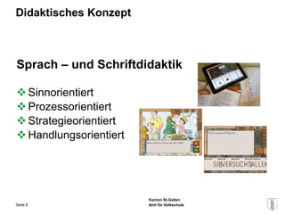 Didaktisches Konzept



Sprach – und Schriftdidaktik

 Sinnorientiert
 Prozessorientiert
 Strategieorientiert
 Handlungsorientiert




                        Kanton St.Gallen
Seite 8                 Amt für Volkschule
 