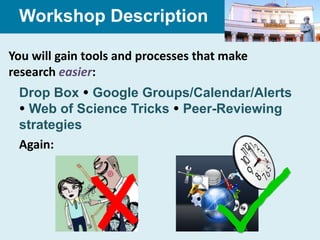 Workshop Description

You will gain tools and processes that make
research easier:
 Drop Box  Google Groups/Calendar/Alerts
  Web of Science Tricks  Peer-Reviewing
 strategies
 Again:
 