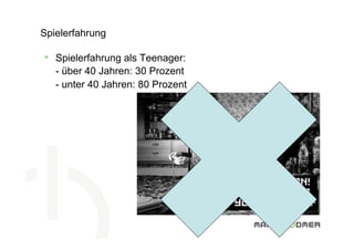 Spielerfahrung

•  Spielerfahrung als Teenager:
   - über 40 Jahren: 30 Prozent
   - unter 40 Jahren: 80 Prozent
 