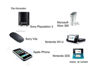 Die Konsolen




                                    Microsoft
               Sony Playstation 3   Xbox 360



           Sony Vita
                          Nintendo Wii U


                 Apple iPhone
                                Nintendo 3DS
 