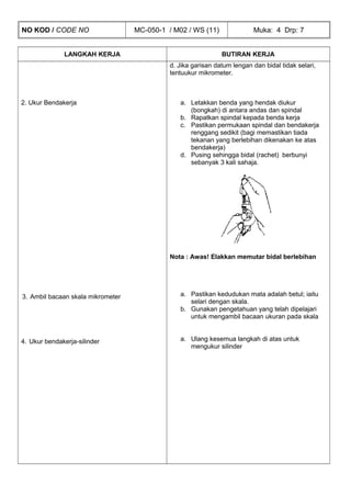 NO KOD / CODE NO MC-050-1 / M02 / WS (11) Muka: 4 Drp: 7
LANGKAH KERJA BUTIRAN KERJA
2. Ukur Bendakerja
3. Ambil bacaan skala mikrometer
4. Ukur bendakerja-silinder
d. Jika garisan datum lengan dan bidal tidak selari,
tentuukur mikrometer.
a. Letakkan benda yang hendak diukur
(bongkah) di antara andas dan spindal
b. Rapatkan spindal kepada benda kerja
c. Pastikan permukaan spindal dan bendakerja
renggang sedikit (bagi memastikan tiada
tekanan yang berlebihan dikenakan ke atas
bendakerja)
d. Pusing sehingga bidal (rachet) berbunyi
sebanyak 3 kali sahaja.
Nota : Awas! Elakkan memutar bidal berlebihan
a. Pastikan kedudukan mata adalah betul; iaitu
selari dengan skala.
b. Gunakan pengetahuan yang telah dipelajari
untuk mengambil bacaan ukuran pada skala
a. Ulang kesemua langkah di atas untuk
mengukur silinder
 
