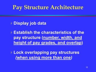 12
Pay Structure Architecture
 Display job data
 Establish the characteristics of the
pay structure (number, width, and
height of pay grades, and overlap)
 Lock overlapping pay structures
(when using more than one)
 