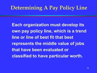 13
Determining A Pay Policy Line
Each organization must develop its
own pay policy line, which is a trend
line or line of best fit that best
represents the middle value of jobs
that have been evaluated or
classified to have particular worth.
 