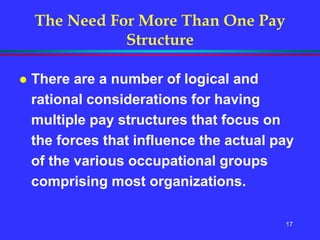 17
 There are a number of logical and
rational considerations for having
multiple pay structures that focus on
the forces that influence the actual pay
of the various occupational groups
comprising most organizations.
The Need For More Than One Pay
Structure
 