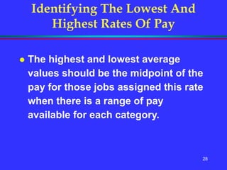 28
Identifying The Lowest And
Highest Rates Of Pay
 The highest and lowest average
values should be the midpoint of the
pay for those jobs assigned this rate
when there is a range of pay
available for each category.
 